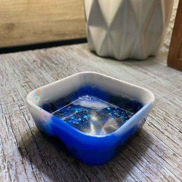 Square Tray / Dish - Blue + Black + White + Iridescent Rainbow Confetti - Picture 8 of 17